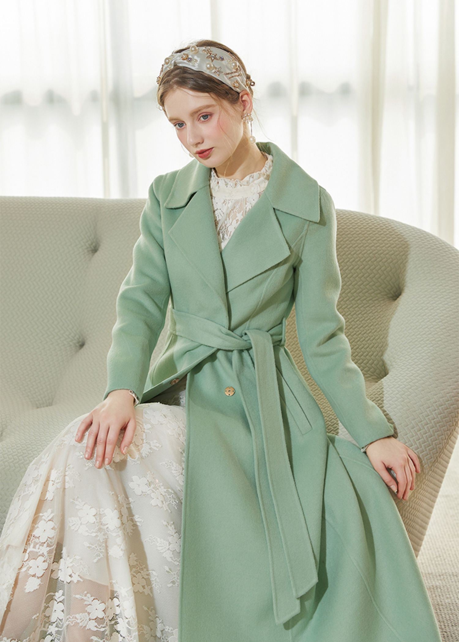 Light Green Fox Fur Scarf Wool Cashmere Belted Long Coat – Vivian