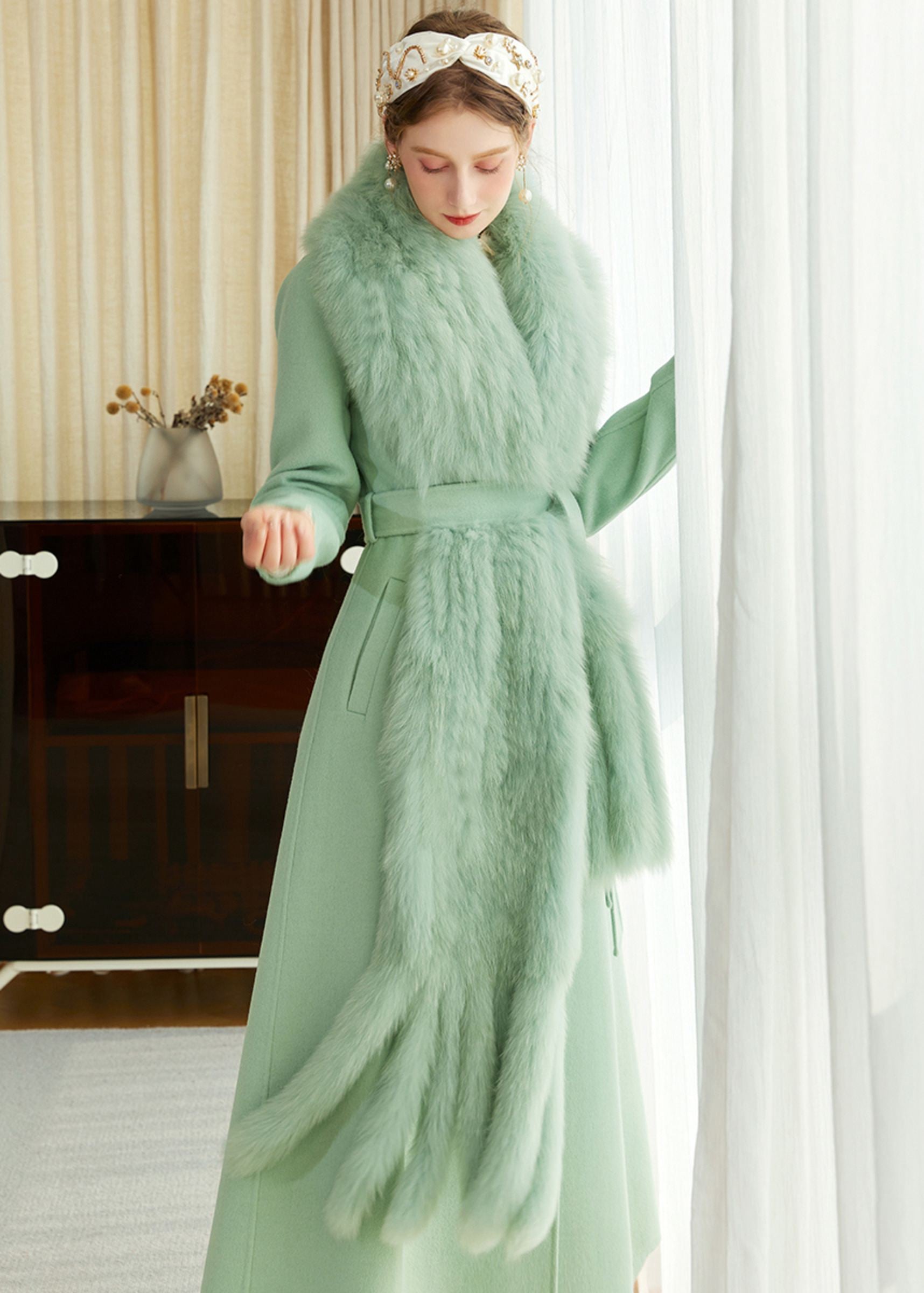 Light Green Fox Fur Scarf Wool Cashmere Belted Long Coat Vivian Seven Light Green Fox Fur Scarf Wool Cashmere Belted Long Coat Vivian Seven