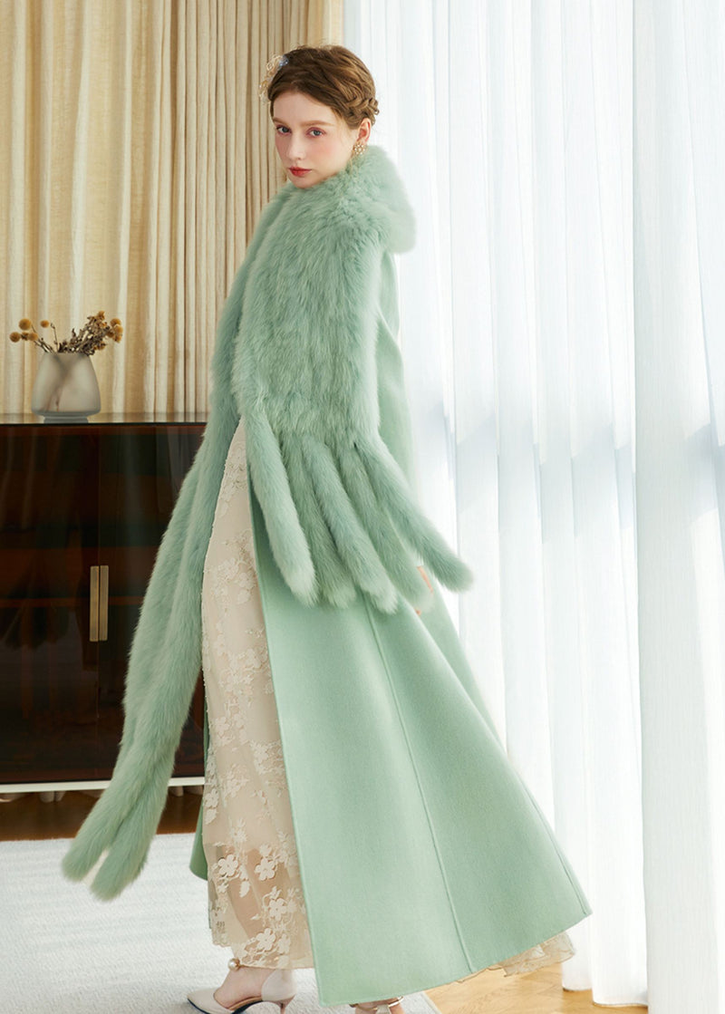 Women's Winter Light Green Fox Fur Scarf Wool Cashmere Belted Long Coat