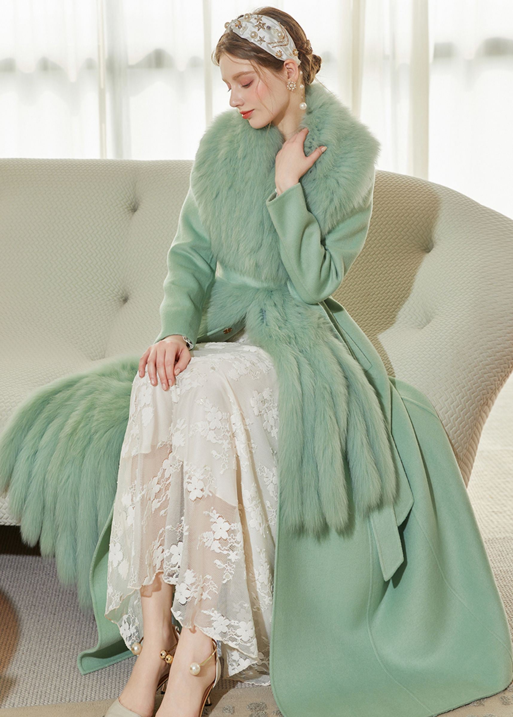 Light Green Fox Fur Scarf Wool Cashmere Belted Long Coat – Vivian