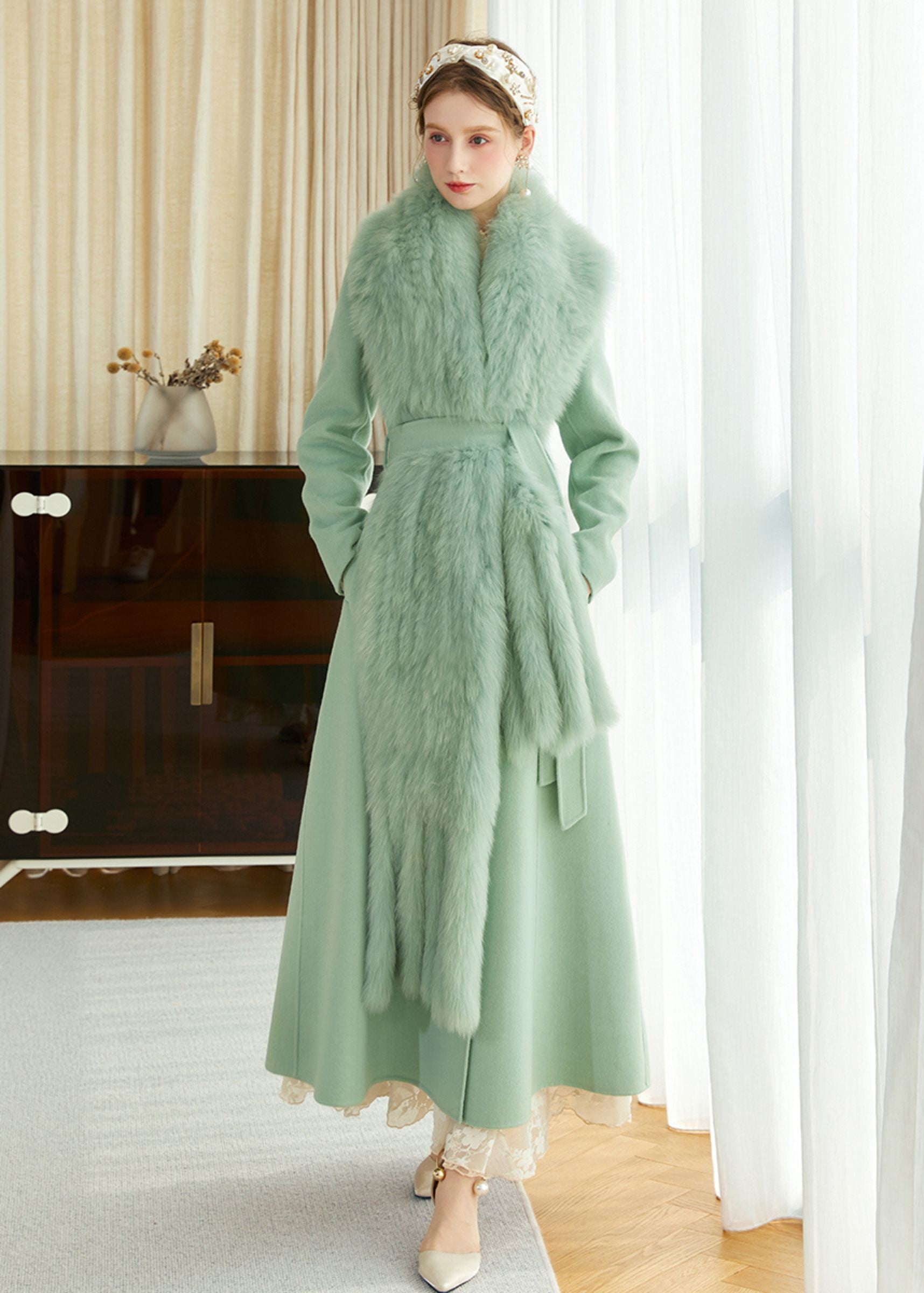 Light Green Fox Fur Scarf Wool Cashmere Belted Long Coat Vivian Seven Light Green Fox Fur Scarf Wool Cashmere Belted Long Coat Vivian Seven