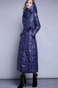 Women's Winter Holly Hooded Belted Down Puffer Long Coat Blue