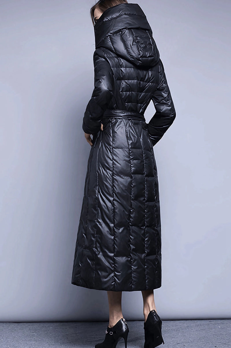 Women's Winter Holly Hooded Belted Down Puffer Long Coat Black