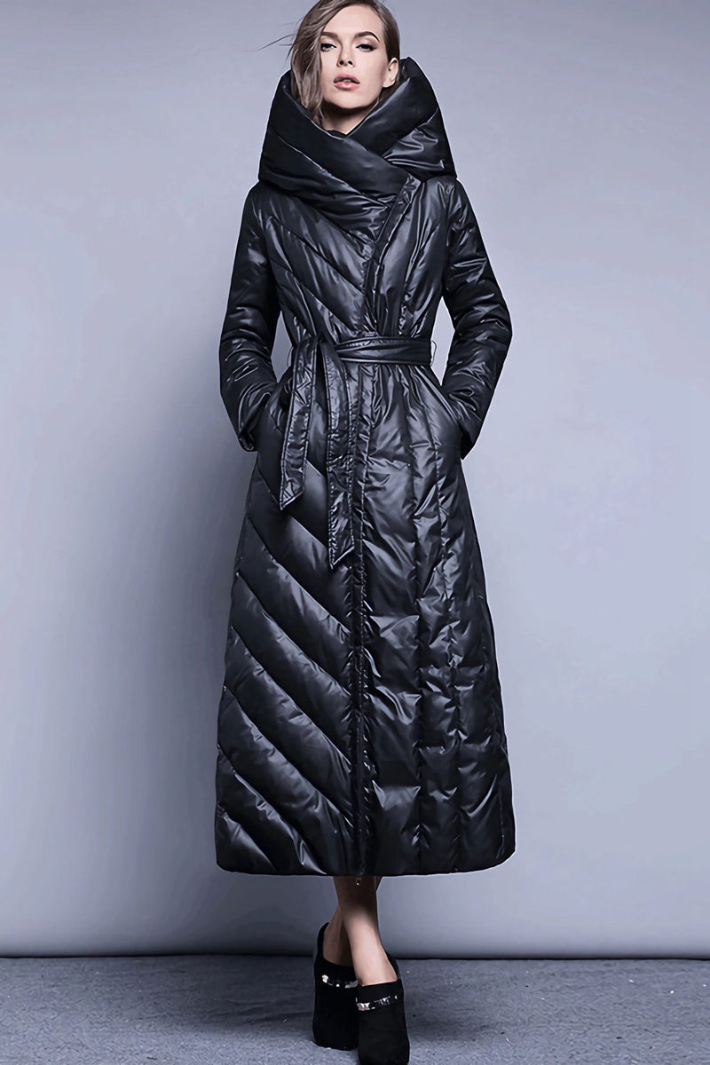 Women's Winter Holly Hooded Belted Down Puffer Long Coat Black