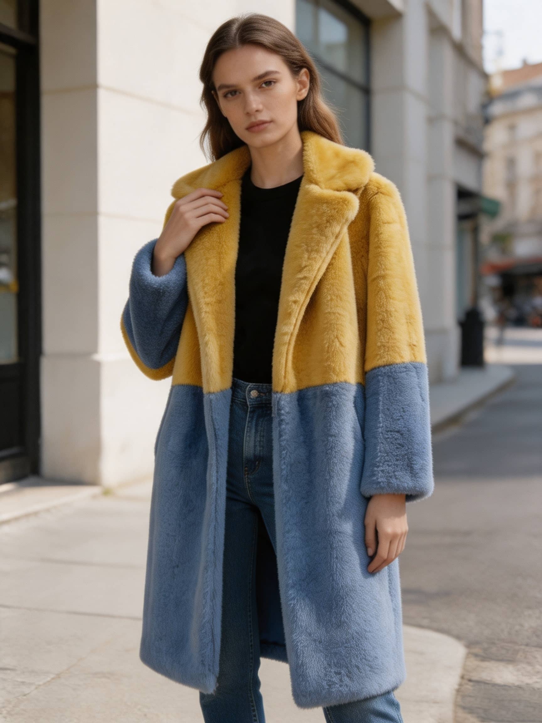 Woman wearing a mustard yellow and slate blue block long faux fur coat paired with a black top and denim pants.
