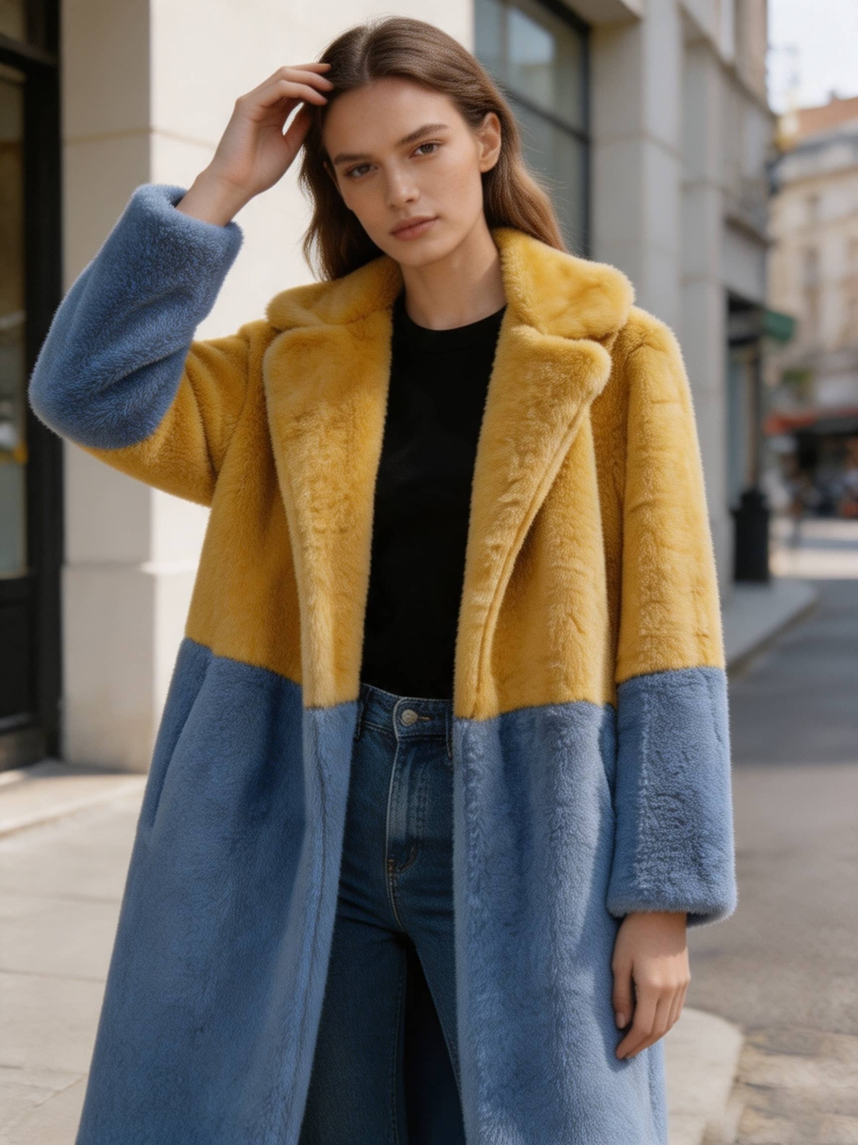  Close-up of a model posing outdoors in a stylish mustard yellow and slate blue color-block faux fur coat touching her hair.