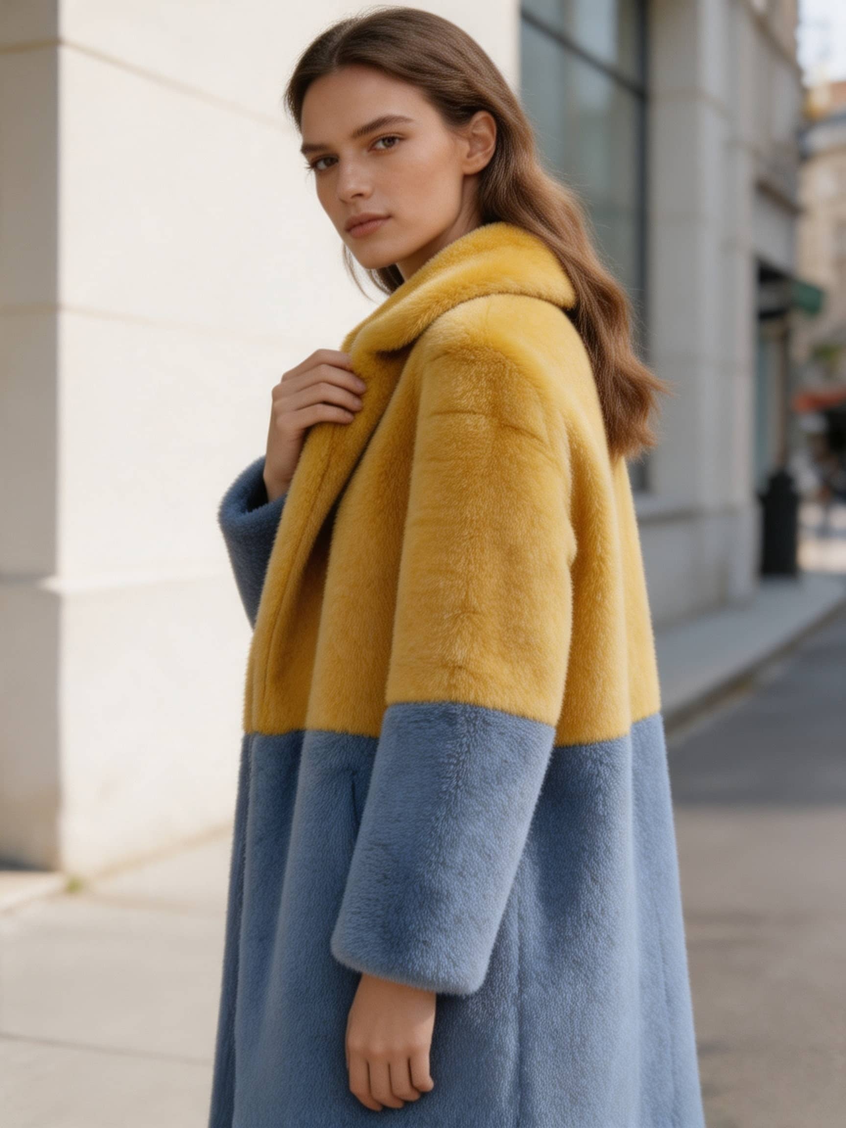 Side angle view showing the rich texture of a mustard yellow and slate blue color-block long faux fur winter coat.