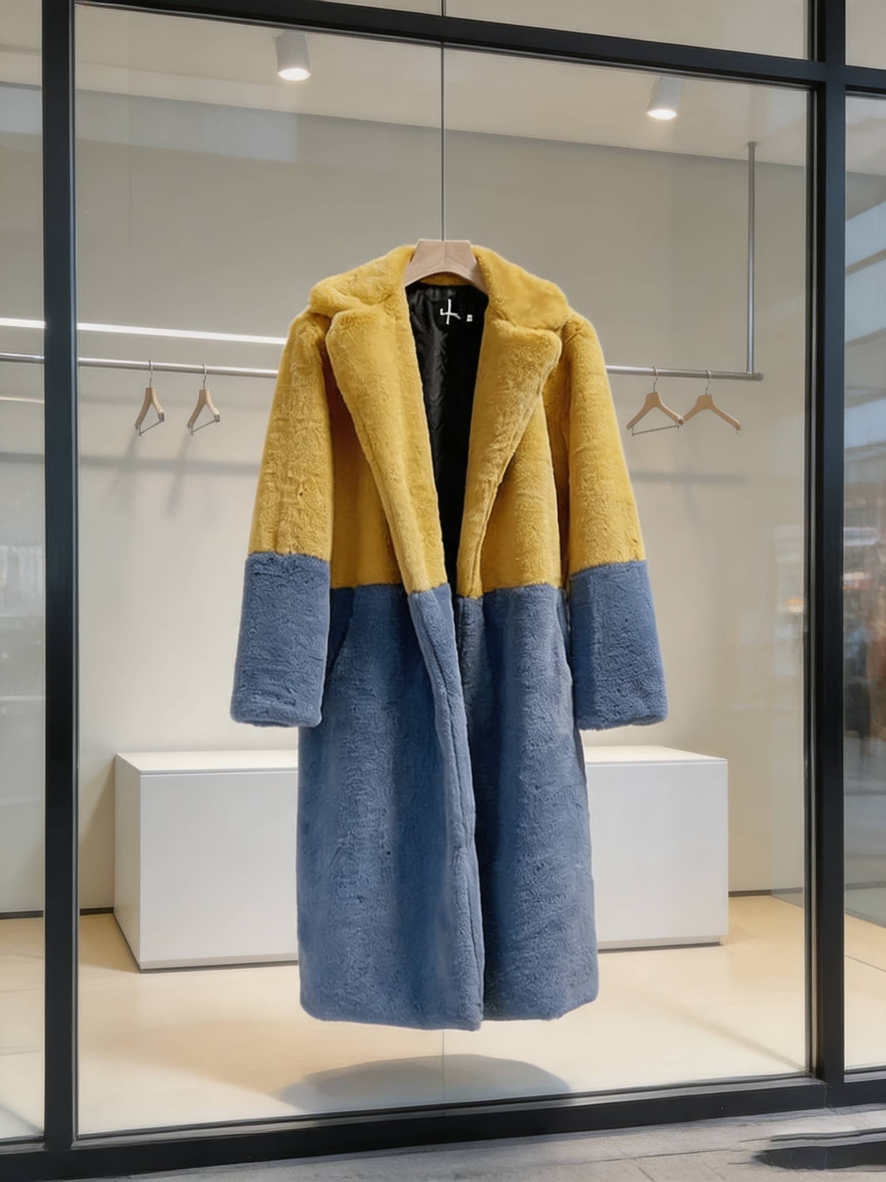 Women's mustard yellow and slate blue two-tone long faux fur coat hanging on a wooden hanger inside a store window display.