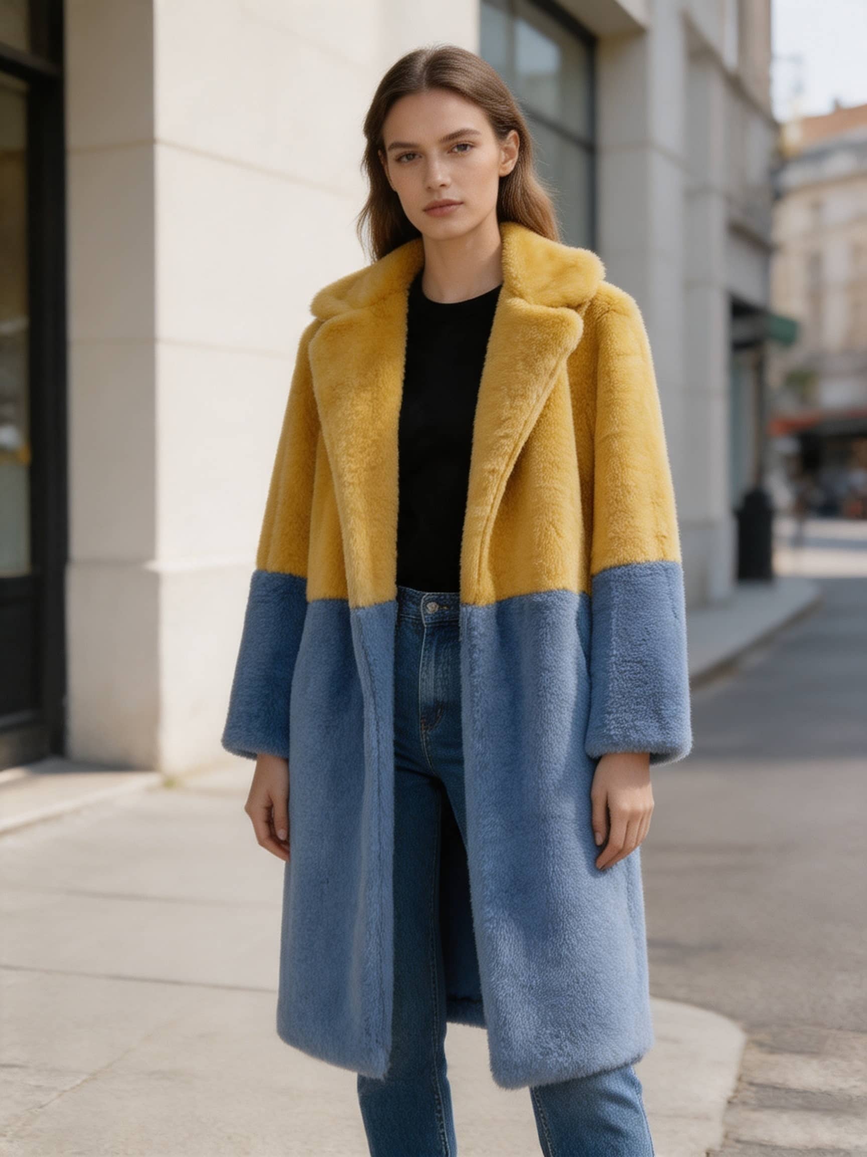  Full-length front photo of a model wearing a mustard and slate blue two-tone plush long coat on a city sidewalk.