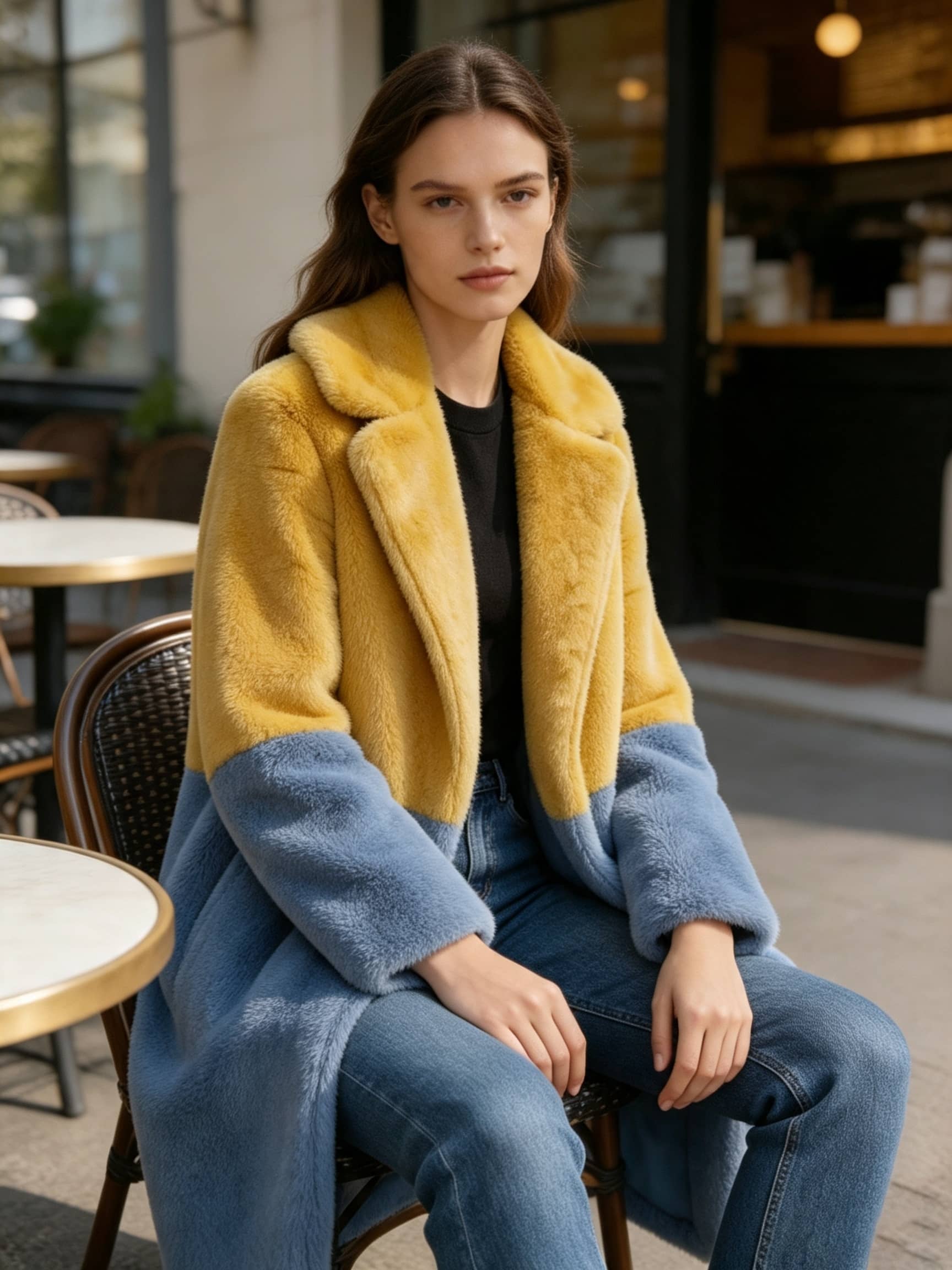  Woman sitting at an outdoor cafe chair wearing a cozy mustard yellow and slate blue color-blocked faux fur coat.