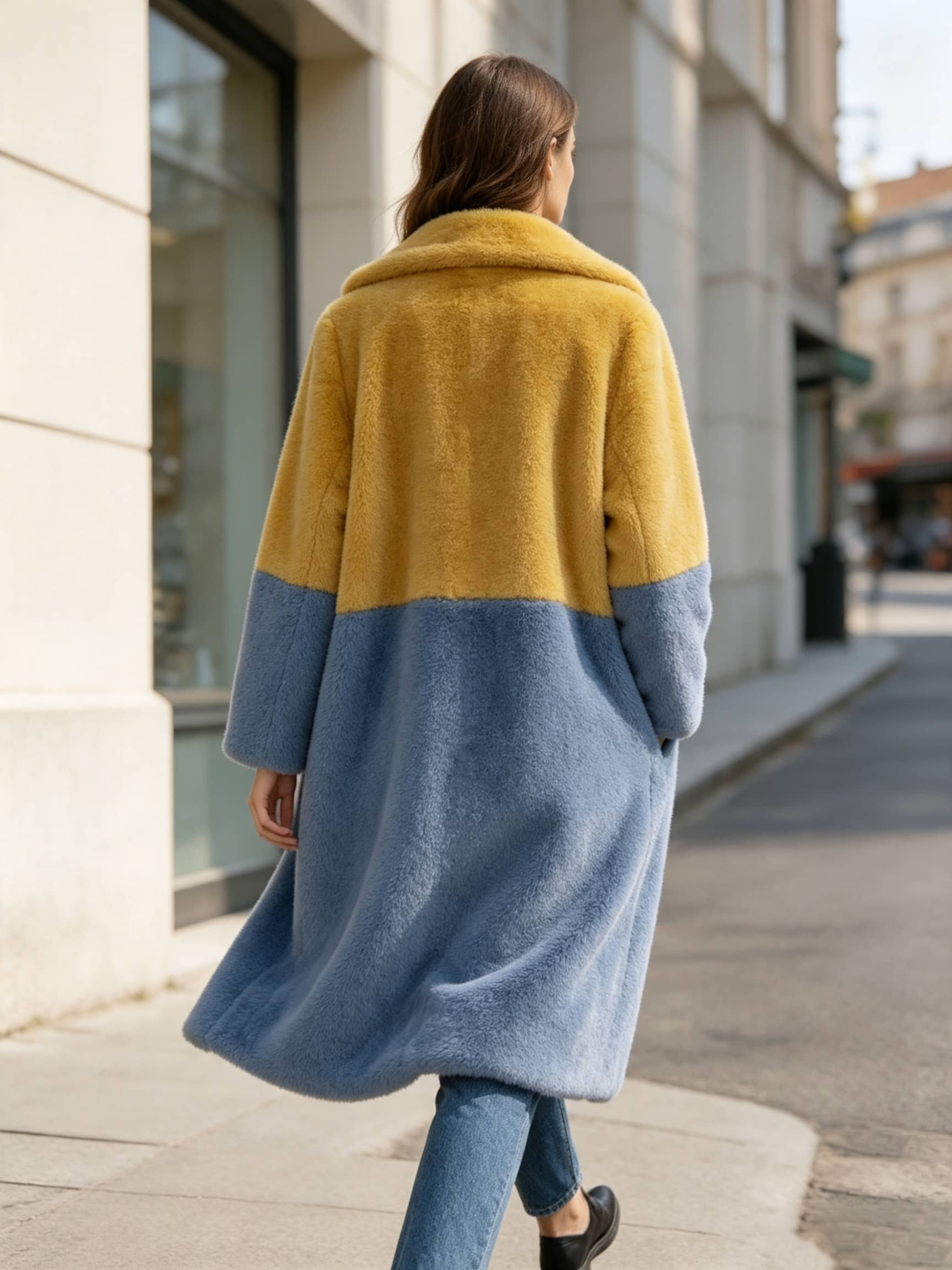 Back view of a woman walking in a long mustard yellow top and slate blue bottom two-tone faux fur winter coat.