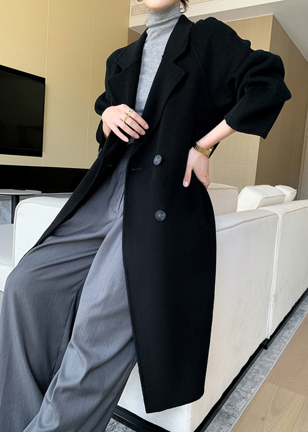 Noelle Double Breasted Button Wool Long Coat – Vivian Seven