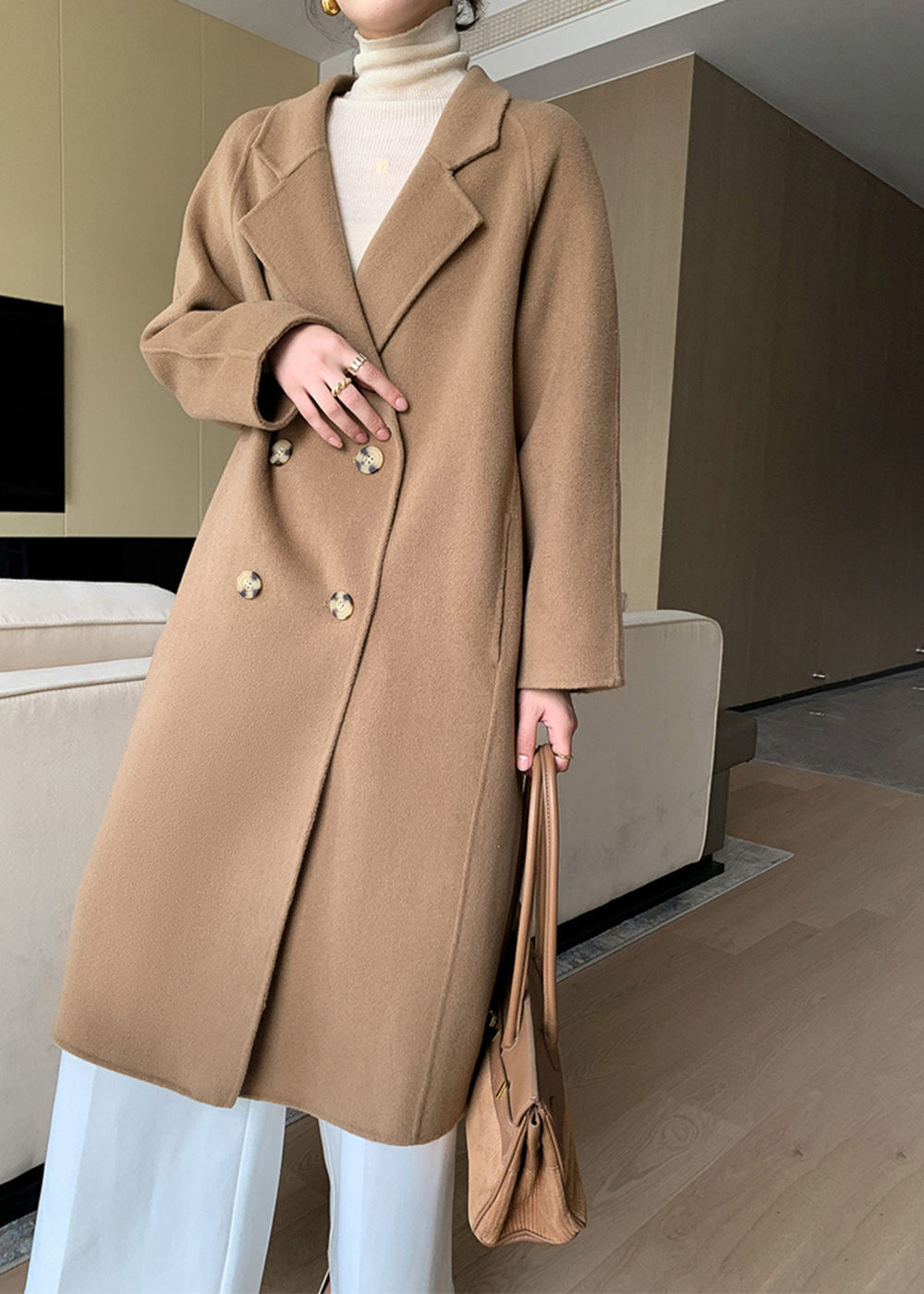 Vivian Seven Noelle Double Breasted Button Wool Long Coat Olive Camel