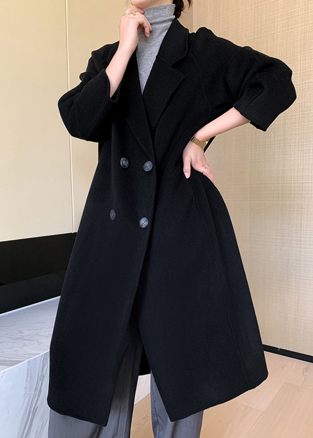 Noelle Double Breasted Button Wool Long Coat – Vivian Seven