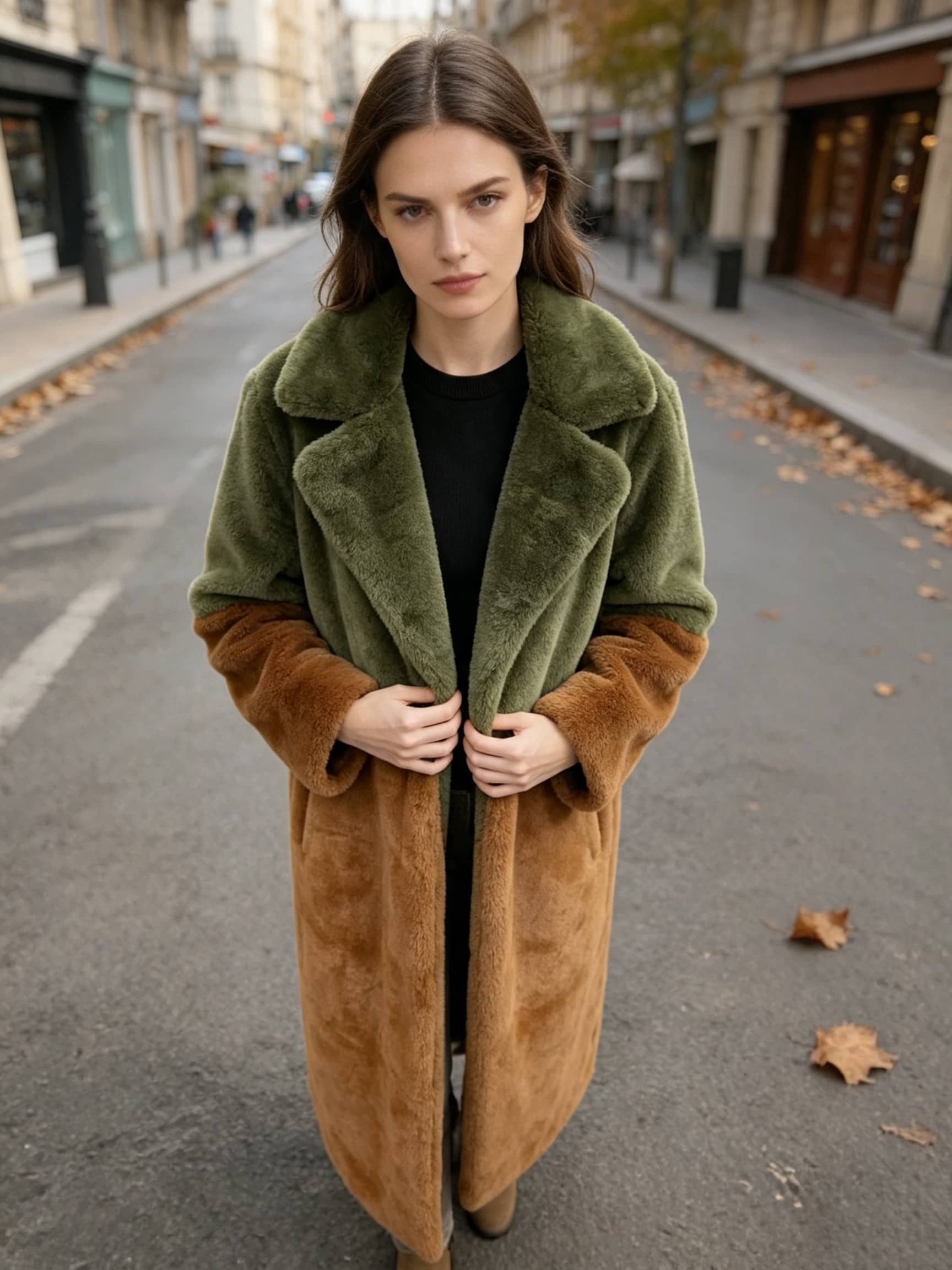 High-angle close-up of a woman adjusting her olive green and rust colorblock faux fur long coat on the street.