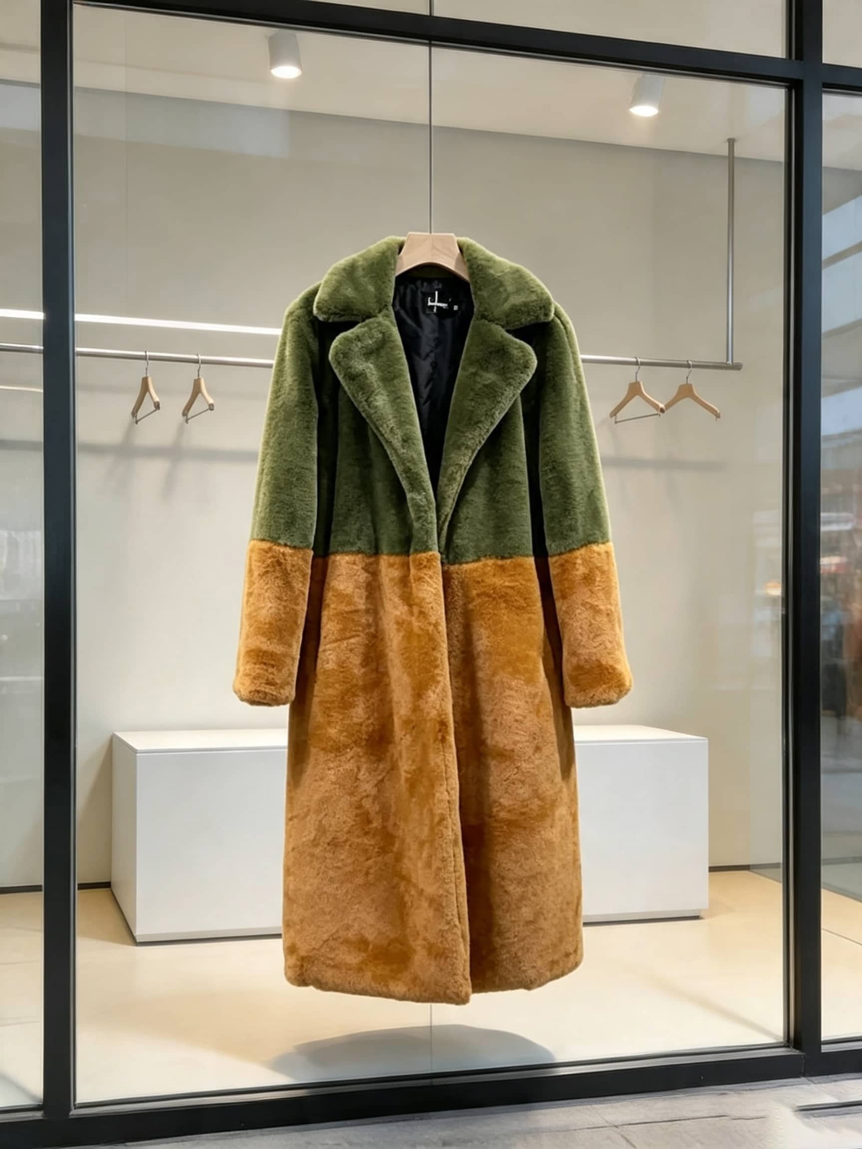 Olive green and rust brown colorblock faux fur long coat displayed on a wooden hanger in a store window.