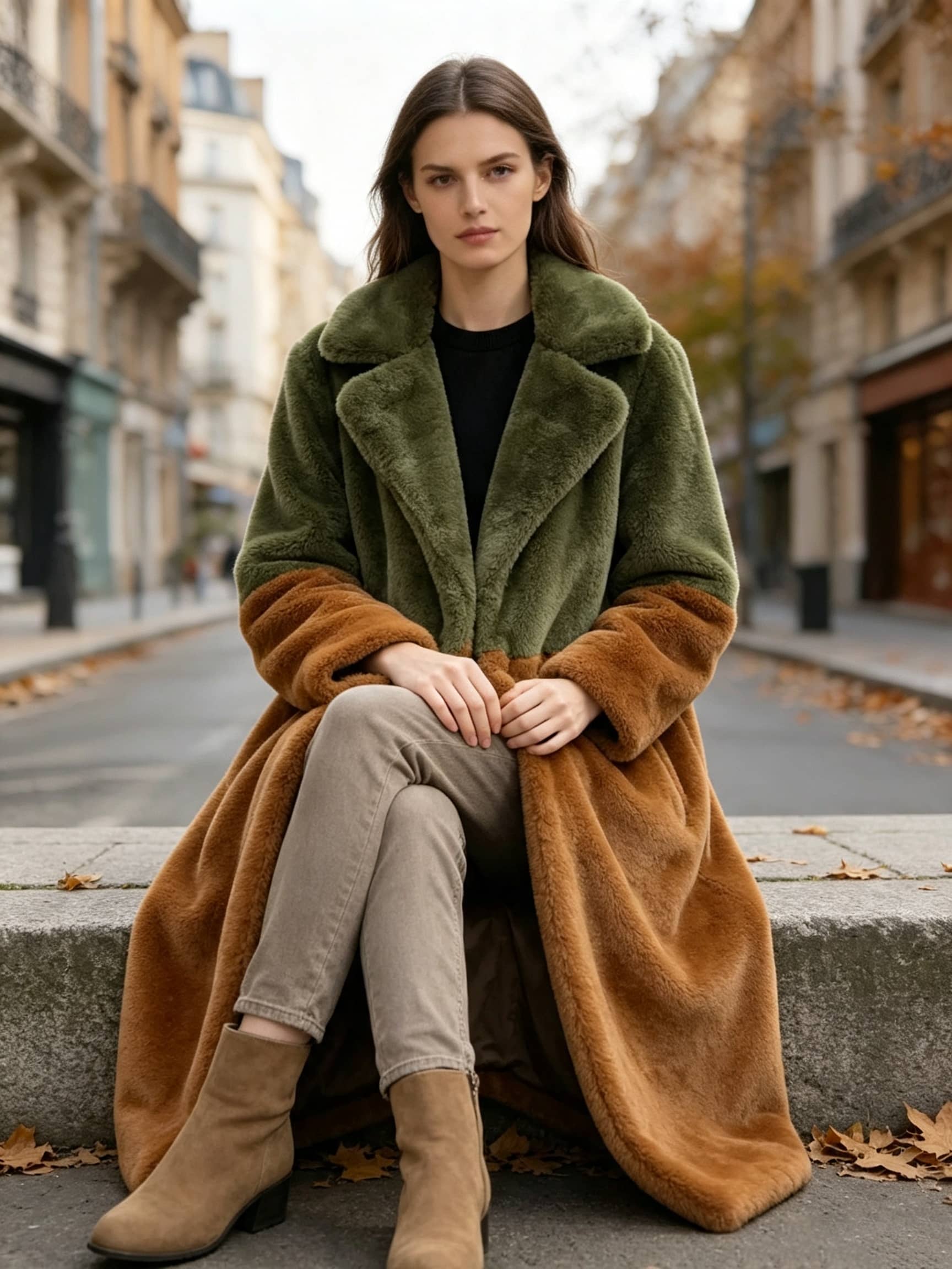  Woman seated on a stone ledge wearing an olive green and rust colorblock notch lapel faux fur coat.