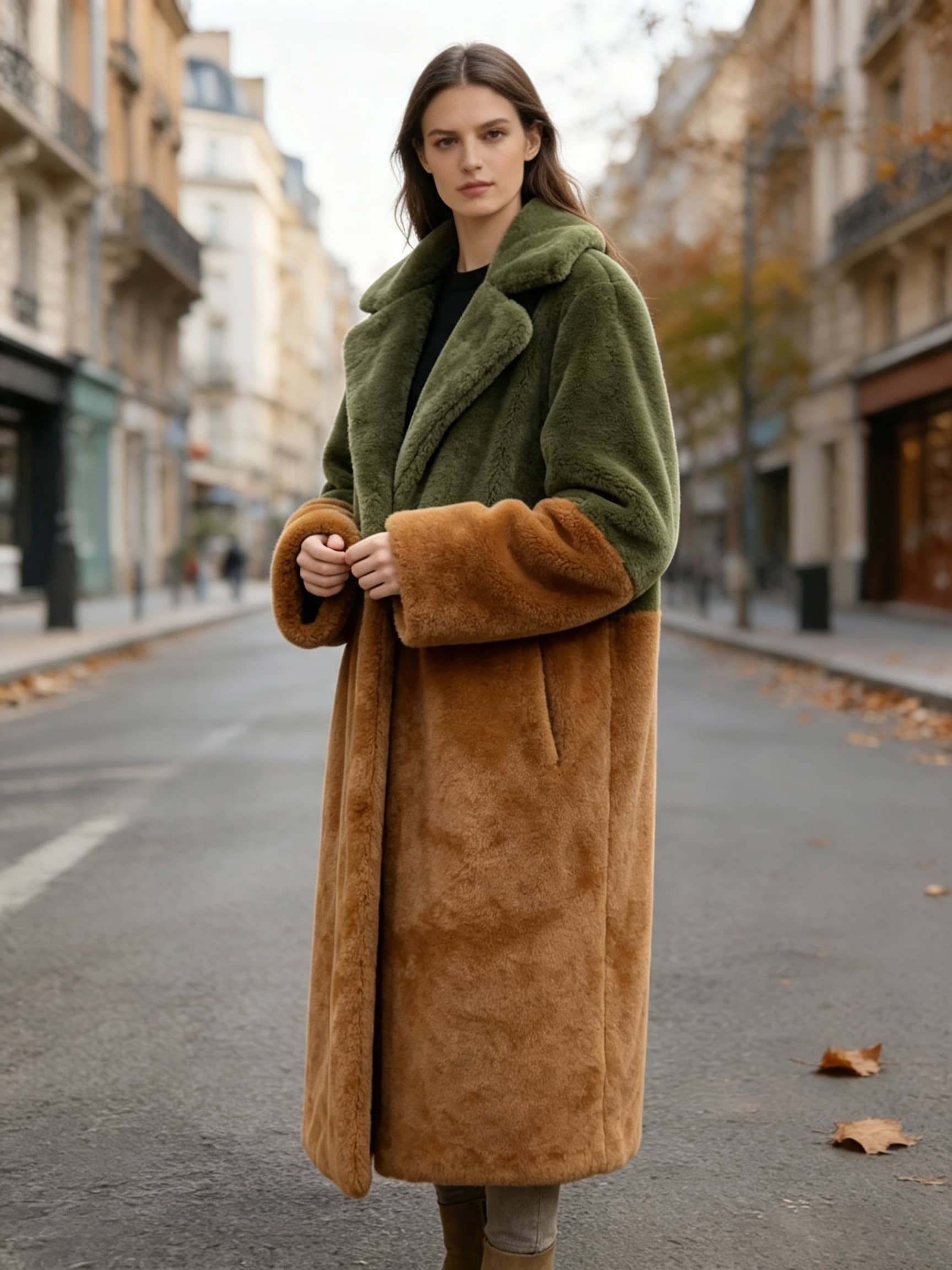 Three-quarter front view of a woman posing outdoors in an olive green and rust plush longline faux fur coat.
