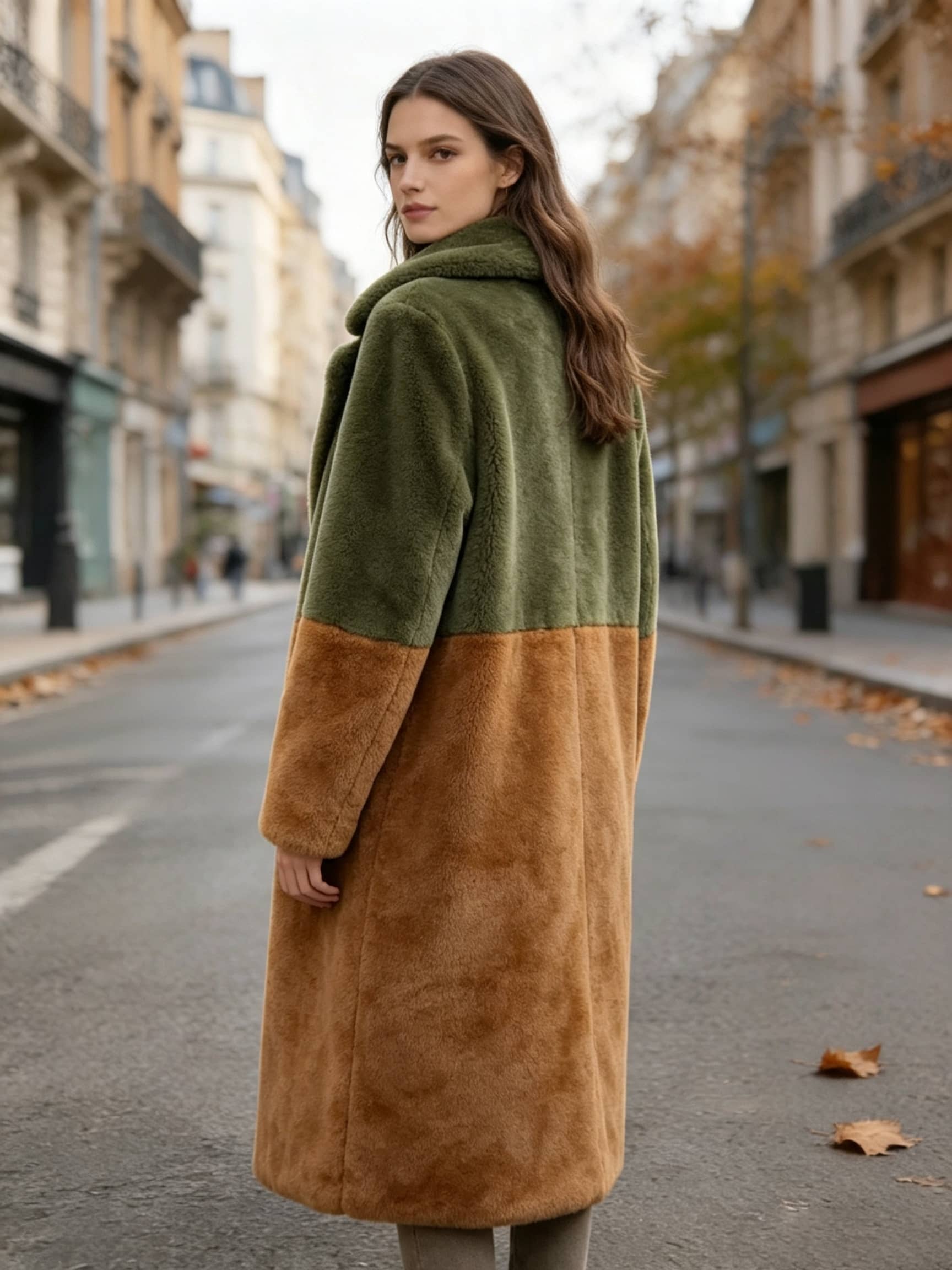 Back view of a model looking over her shoulder wearing an olive green and rust colorblock long faux fur coat.