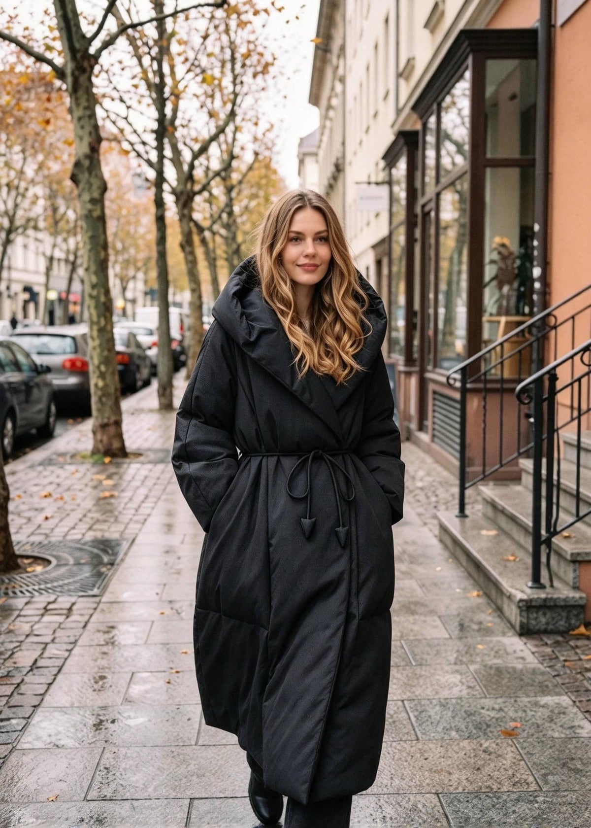 Full-length front view of Vivian Seven black hooded wrap down puffer coat with self-tie belt