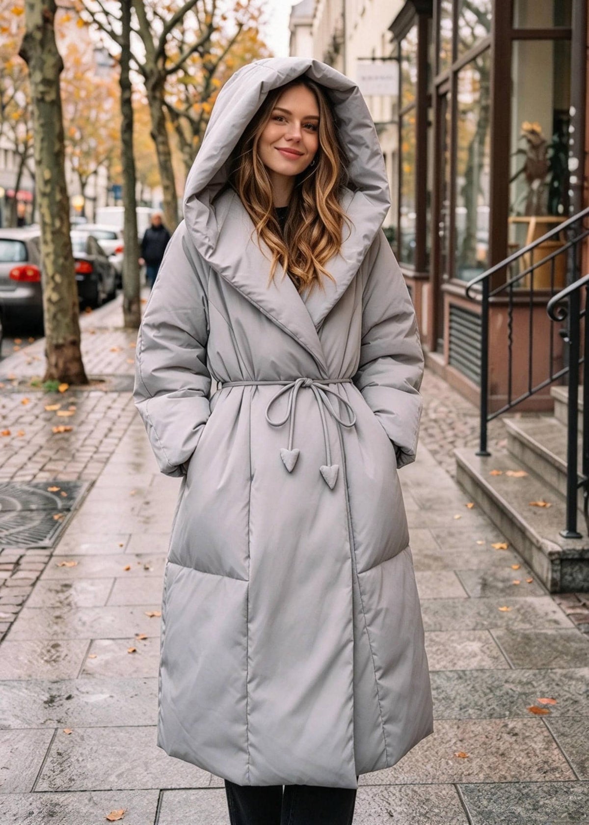 Front view of Vivian Seven women's light gray long hooded wrap down puffer coat with belt