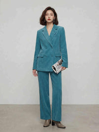 Peacock Blue Corduroy Double-Breasted Blazer & Straight-Leg Pants Set