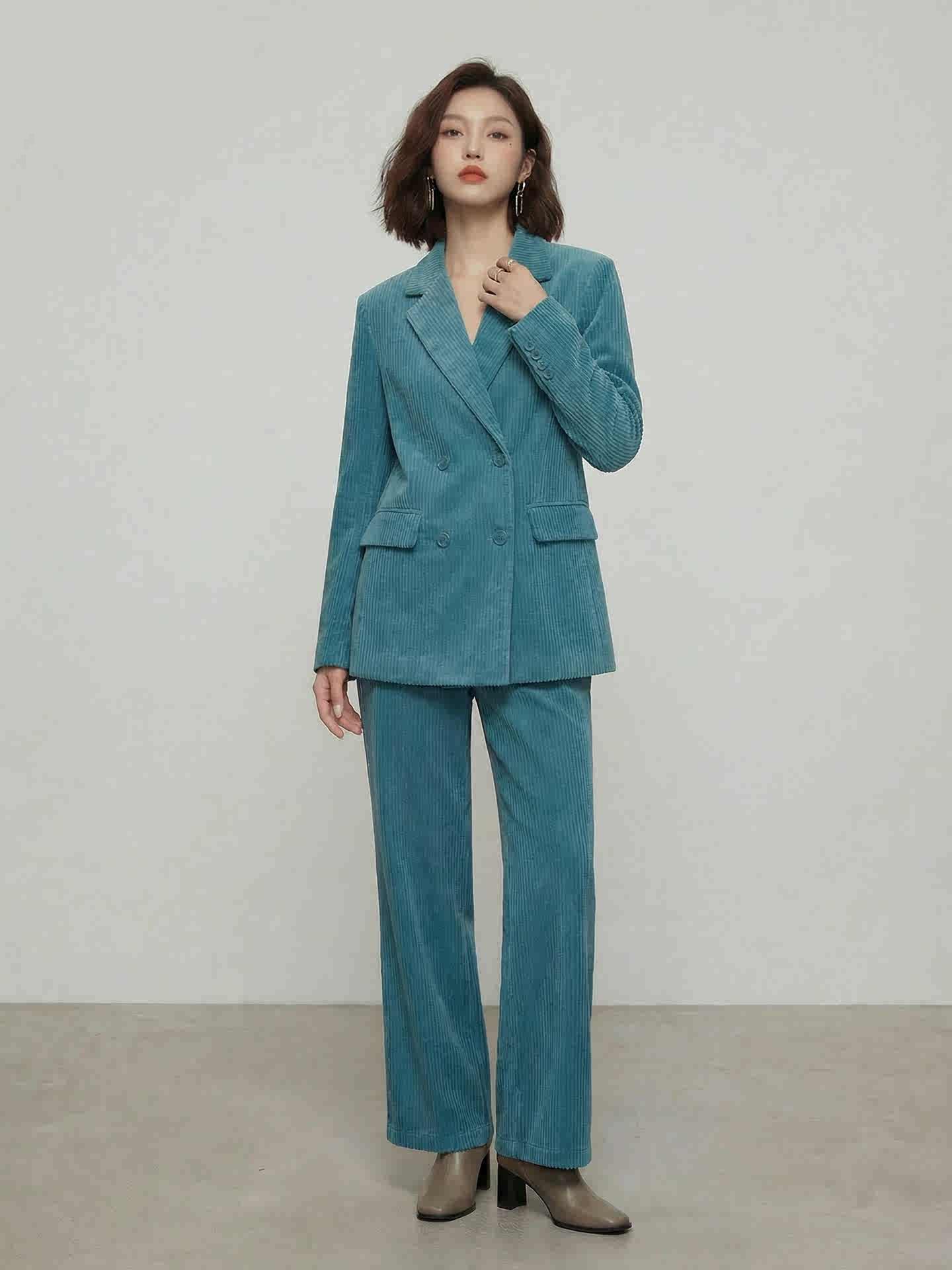 Peacock Blue Corduroy Double-Breasted Blazer & Straight-Leg Pants Set