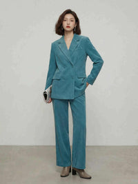 Peacock Blue Corduroy Double-Breasted Blazer & Straight-Leg Pants Set