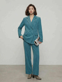 Peacock Blue Corduroy Double-Breasted Blazer & Straight-Leg Pants Set