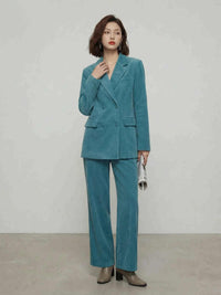 Peacock Blue Corduroy Double-Breasted Blazer & Straight-Leg Pants Set