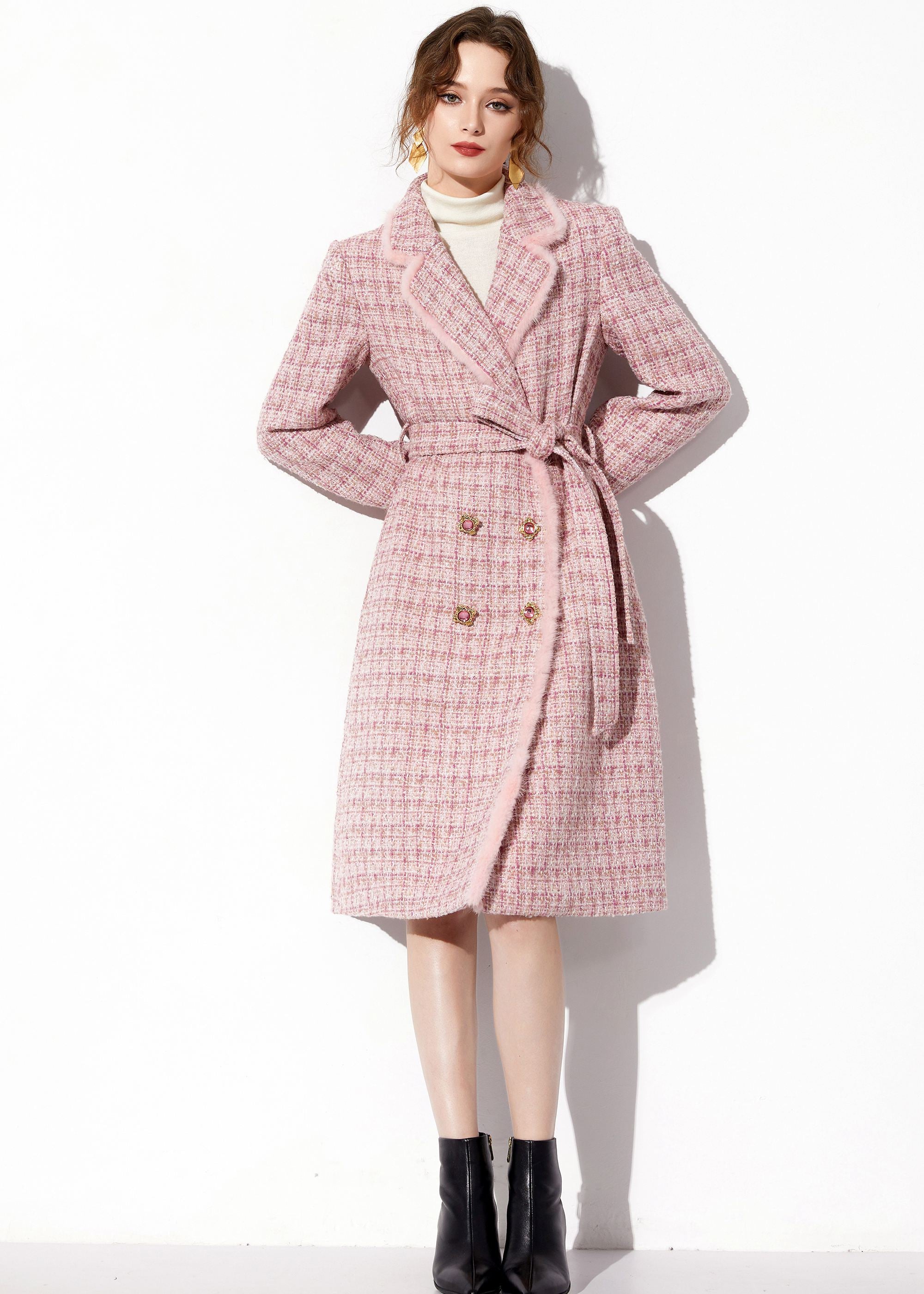 Pink Mink Fur Trim Plaid Tweed Coat – Vivian Seven