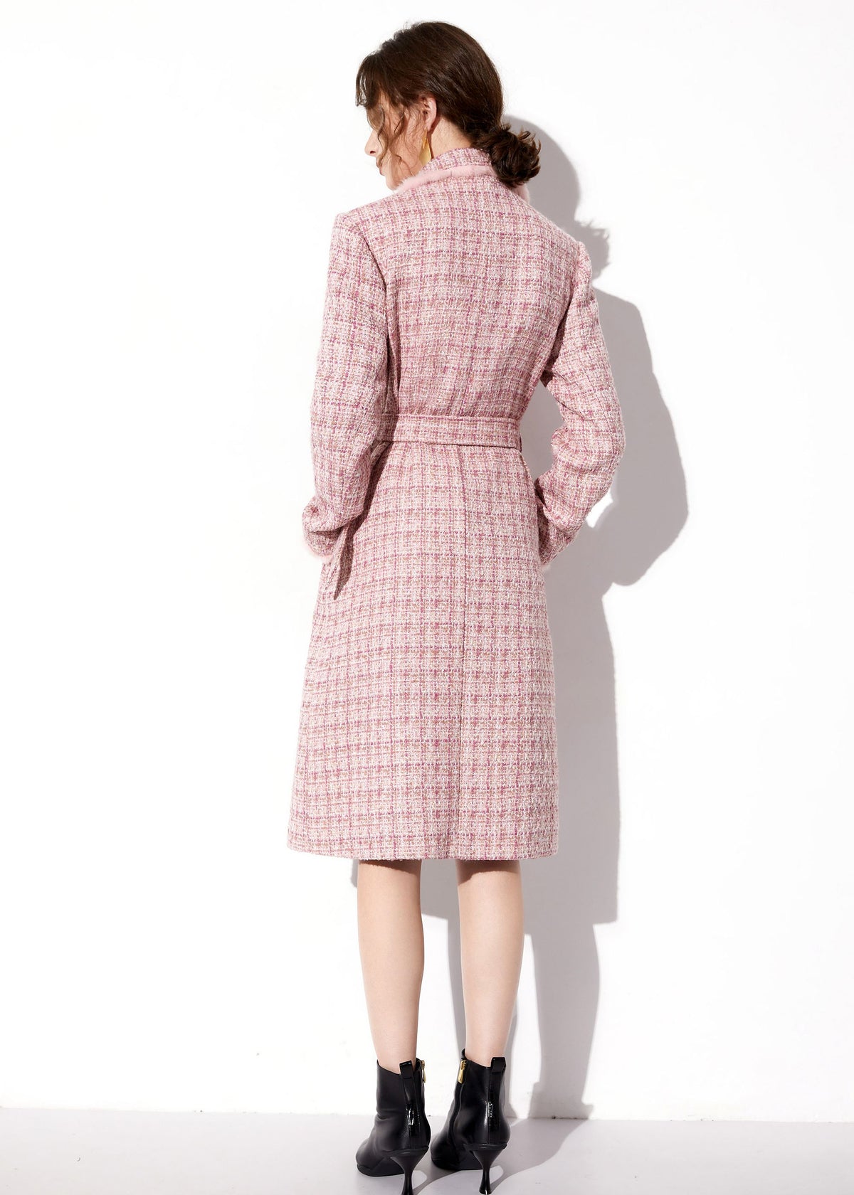 Women's Pink Mink Fur Trim Plaid Tweed Coat