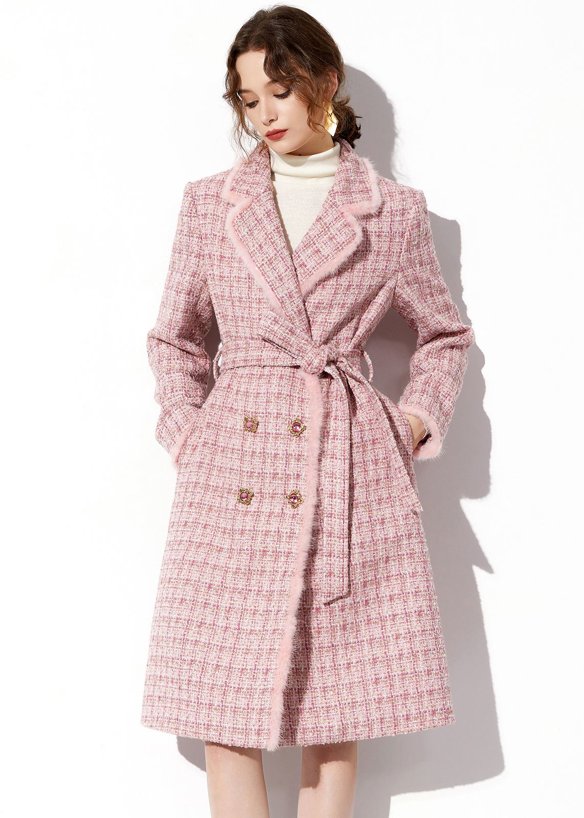 Pink Mink Fur Trim Plaid Tweed Coat – Vivian Seven