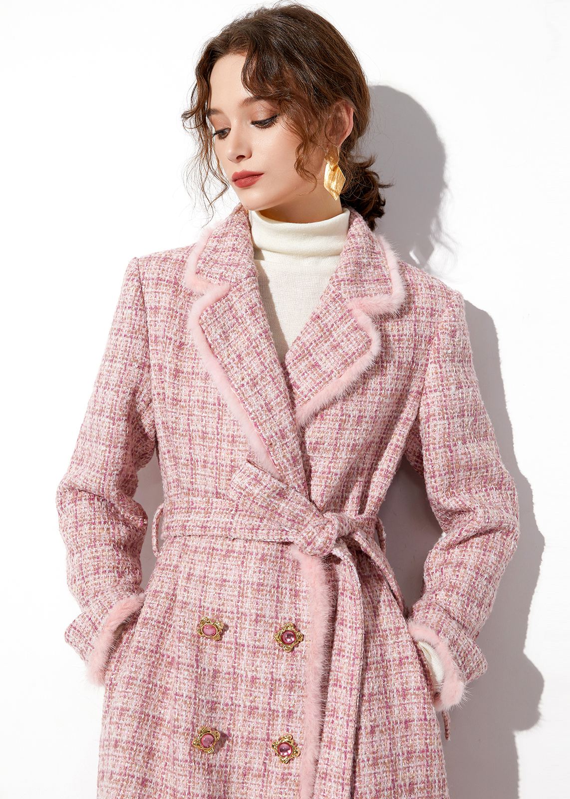 Pink Mink Fur Trim Plaid Tweed Coat – Vivian Seven