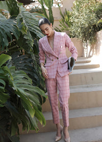 Vivian Seven Women's Pink Plaid Double Breasted Blazer Pants Suit Set