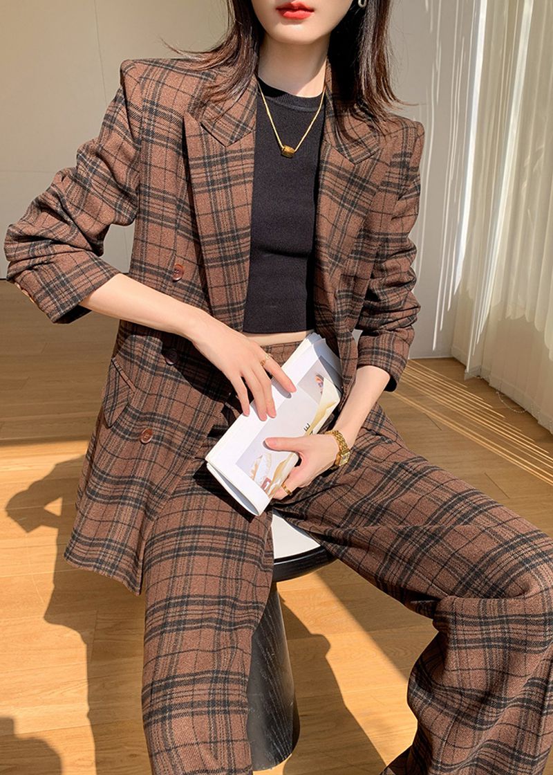 Coffee Plaid Blazer Wide Leg Pantsuit – Vivian Seven