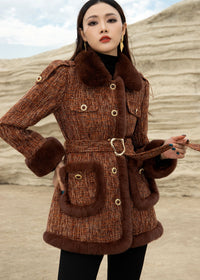 Women's Pocket Rabbit Fur Collar Wool Blend Duck Down Coat