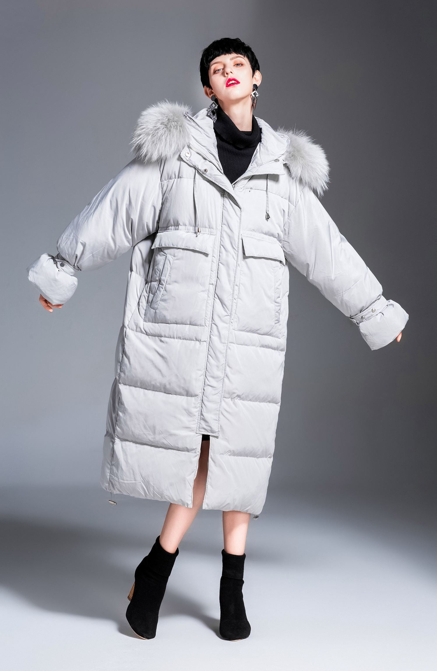 Rabbit fur Collar Hooded Down Puffer Long Coat – Vivian Seven