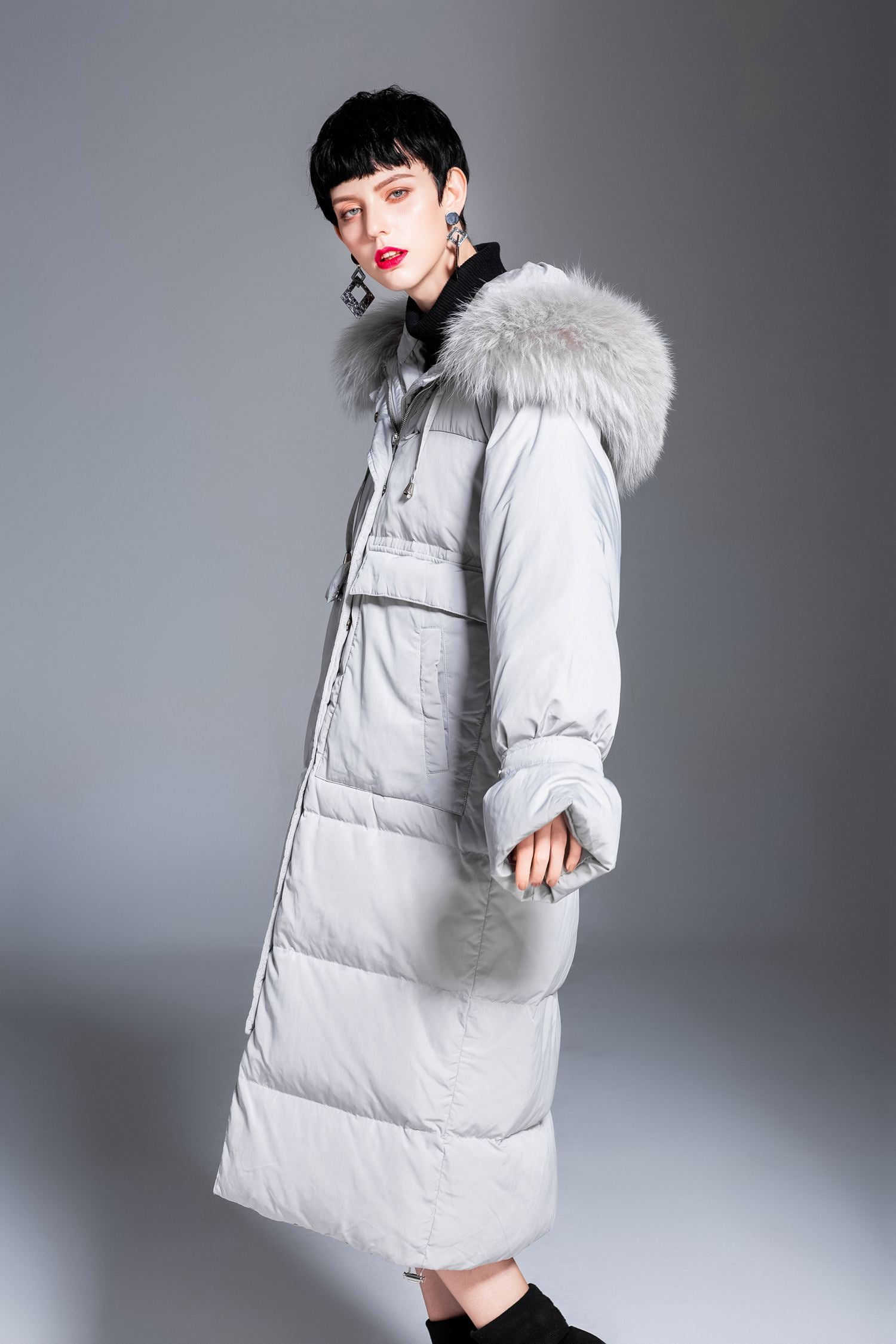 Rabbit fur Collar Hooded Down Puffer Long Coat – Vivian Seven