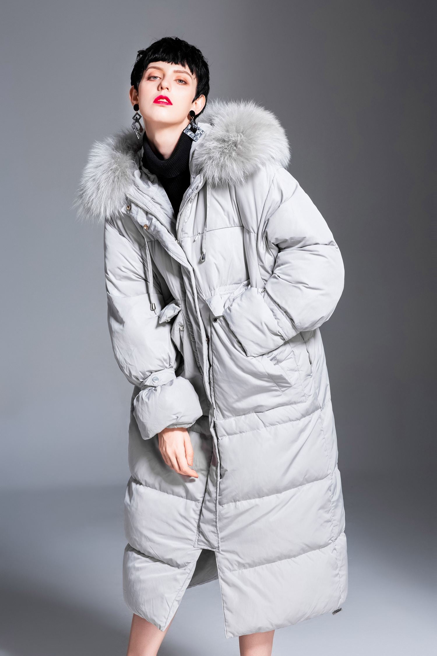 Rabbit fur Collar Hooded Down Puffer Long Coat – Vivian Seven