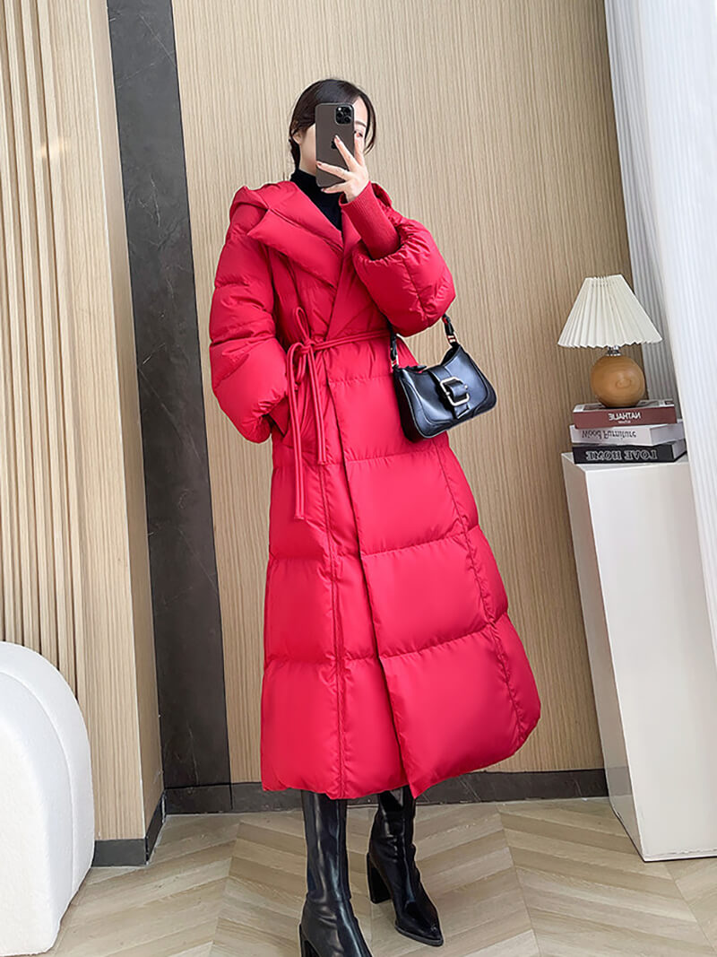 Langer Daunenmantel mit Kapuze für Damen, blauer Daunenmantel, rote lange Daunenjacke, schwarzer langer Daunenmantel, warmer Wintermantel, verdickte Parka-Manteljacke