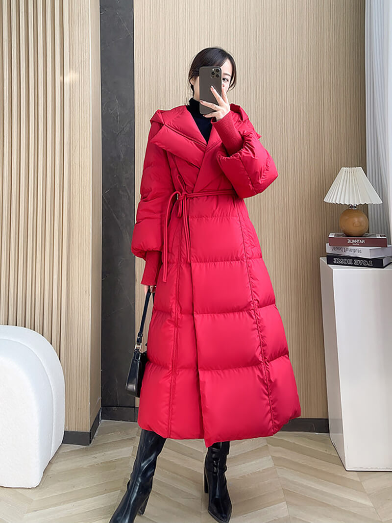 Langer Daunenmantel mit Kapuze für Damen, blauer Daunenmantel, rote lange Daunenjacke, schwarzer langer Daunenmantel, warmer Wintermantel, verdickte Parka-Manteljacke