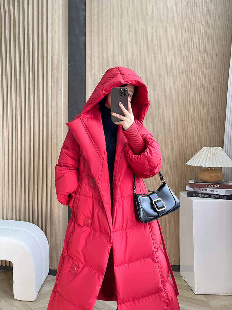 Langer Daunenmantel mit Kapuze für Damen, blauer Daunenmantel, rote lange Daunenjacke, schwarzer langer Daunenmantel, warmer Wintermantel, verdickte Parka-Manteljacke