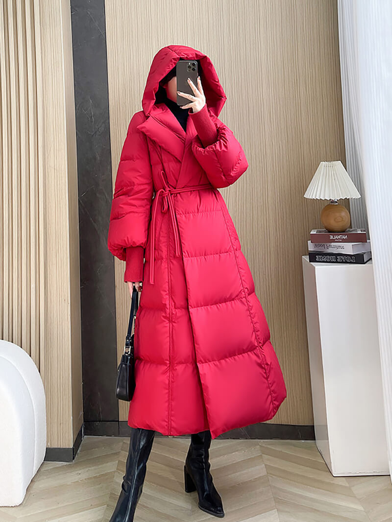 Langer Daunenmantel mit Kapuze für Damen, blauer Daunenmantel, rote lange Daunenjacke, schwarzer langer Daunenmantel, warmer Wintermantel, verdickte Parka-Manteljacke