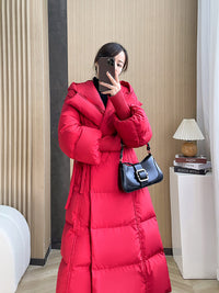 Langer Daunenmantel mit Kapuze für Damen, blauer Daunenmantel, rote lange Daunenjacke, schwarzer langer Daunenmantel, warmer Wintermantel, verdickte Parka-Manteljacke