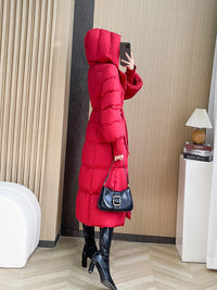 Langer Daunenmantel mit Kapuze für Damen, blauer Daunenmantel, rote lange Daunenjacke, schwarzer langer Daunenmantel, warmer Wintermantel, verdickte Parka-Manteljacke