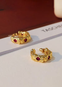 Women's Jewelry Red Rhinestone Brut Textured Hoop Earrings