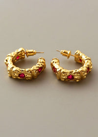 Women's Jewelry Red Rhinestone Brut Textured Hoop Earrings