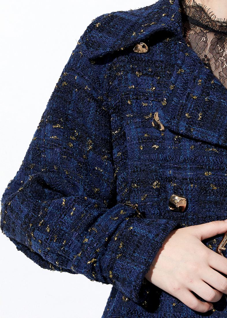 Women's Sequin Double Breasted Blue Wool Blend Tweed Coat