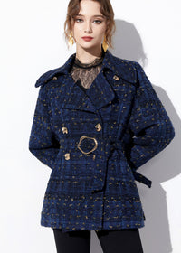 Women's Sequin Double Breasted Blue Wool Blend Tweed Coat